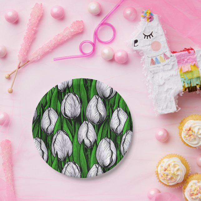 White tulips with green leaves paper plate (Party)