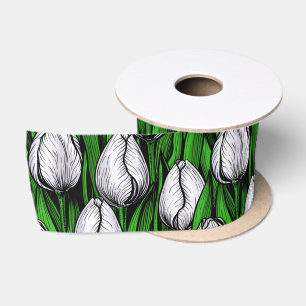White tulips with green leaves satin ribbon