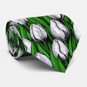 White tulips with green leaves tie