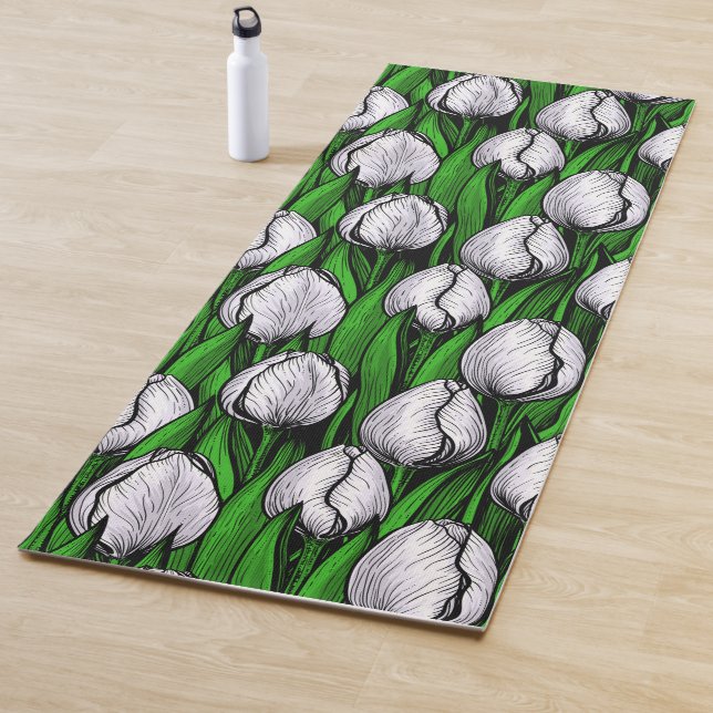 White tulips with green leaves yoga mat (In Situ)