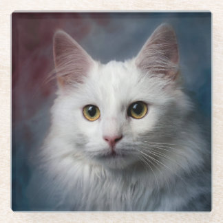 White Turkish Angora Cat Red Blue Glass Coaster