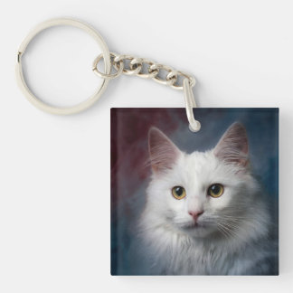White Turkish Angora Cat Red Blue Key Ring