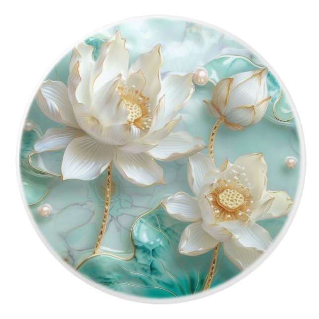 White Turquoise Aquamarine Gold Lotus Lily Flower Ceramic Knob (Front)