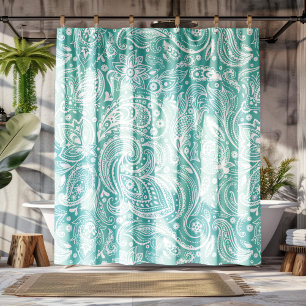 White & Turquoise Floral Paisley Lace Pattern Shower Curtain