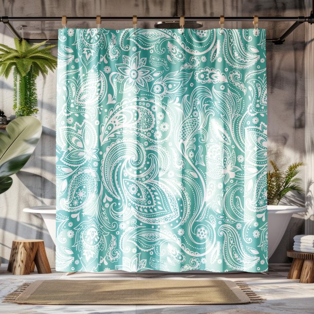 White & Turquoise Floral Paisley Lace Pattern Shower Curtain (Creator Uploaded)