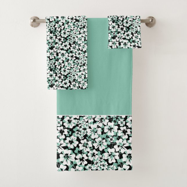 White, turquoise flowers on black.  bath towel set (Insitu)