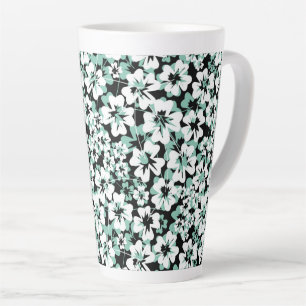White, turquoise flowers on black. latte mug