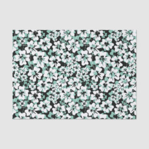 White, turquoise flowers on black.  tissue paper