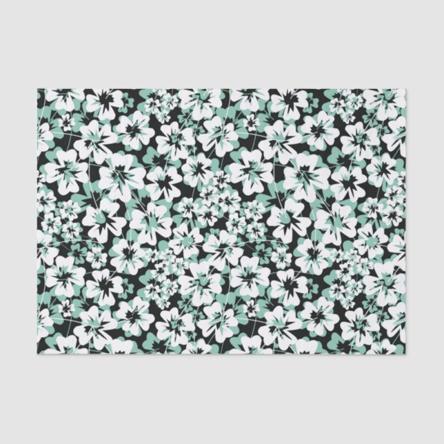 White, turquoise flowers on black.  tissue paper (Front)