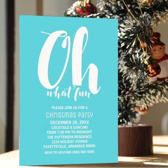 White Turquoise Oh What Fun Holiday Party Invite (White and Turquoise Oh What Fun Holiday Party Invite)