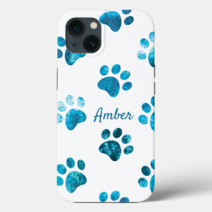 White Turquoise Textured Paw Print Personalised iPhone 13 Case