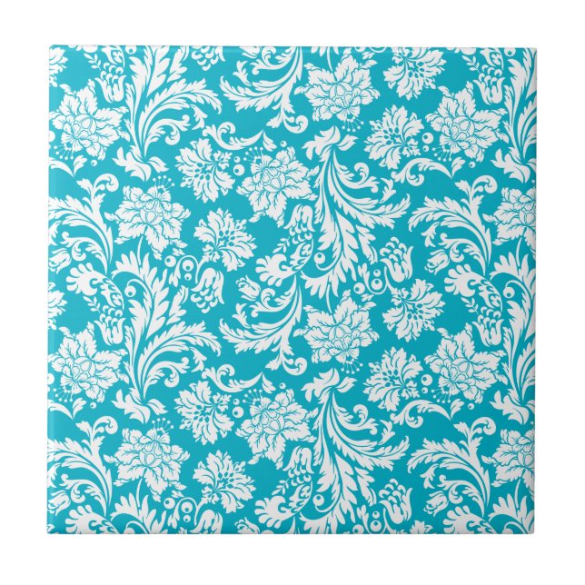 White & Turquoise Vintage Floral Damasks Ceramic Tile (Front)