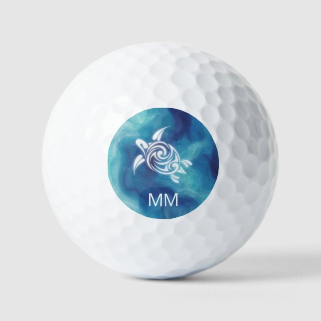 White Turtle Blue Ocean | Coastal Add Name Golf Balls (Front)