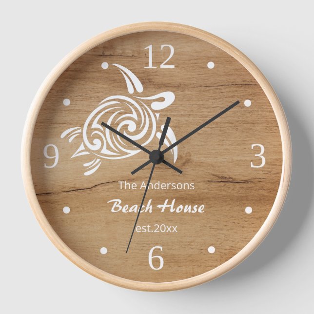 White Turtle Faux Wood Background Rustic Name Clock (Front)