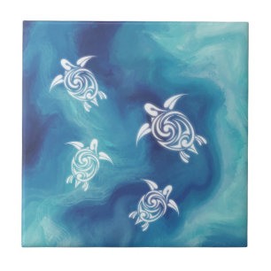 White Turtles Blue Ocean Watercolor Coastal Ceramic Tile