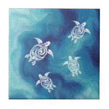 White Turtles Blue Ocean Watercolor Coastal