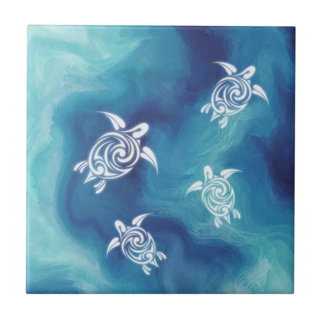 White Turtles Blue Ocean Watercolor Coastal Ceramic Tile (Front)