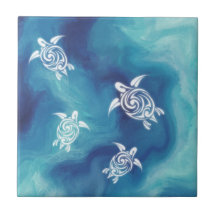 White Turtles Blue Ocean Watercolor Coastal