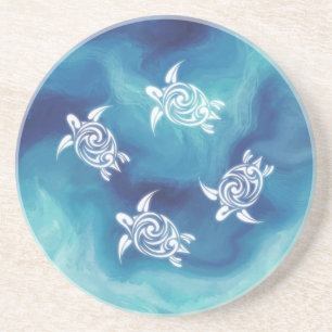 White Turtles Blue Ocean Watercolor Coastal Coaster