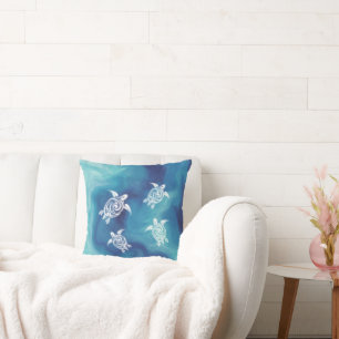 White Turtles Blue Ocean Watercolor Coastal Cushion