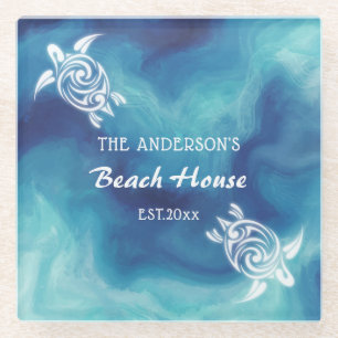 White Turtles Blue Ocean Watercolor Custom Text Glass Coaster