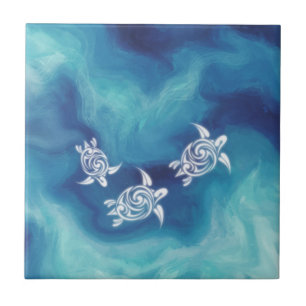 White Turtles in Blue Ocean   Coastal Ceramic Tile