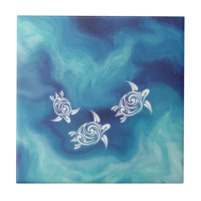 White Turtles in Blue Ocean | Coastal Ceramic Tile (Front)