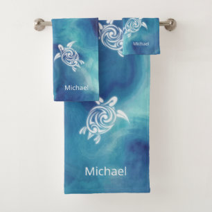 White Turtles in Blue Ocean Watercolor Add Name Bath Towel Set