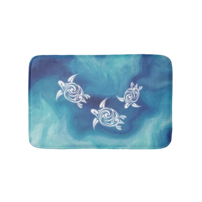 White Turtles in Blue Ocean Watercolor Bath Mat (Front)