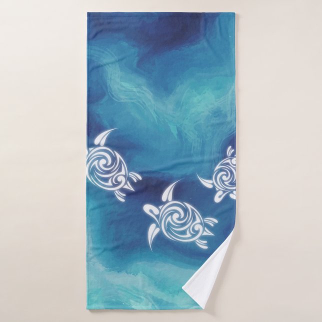 White Turtles in Blue Ocean Watercolor Coastal Bath Towel (Bath Towel)