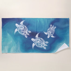 White Turtles in Blue Ocean Watercolor Coastal Beach Towel