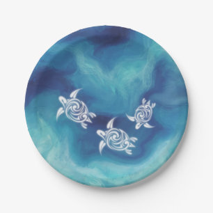 White Turtles in Blue Ocean Watercolor Coastal Paper Plate