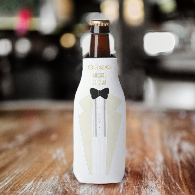 White Tuxedo Gatsby 1920s Wedding Theme Bottle Cooler (Creator Uploaded)