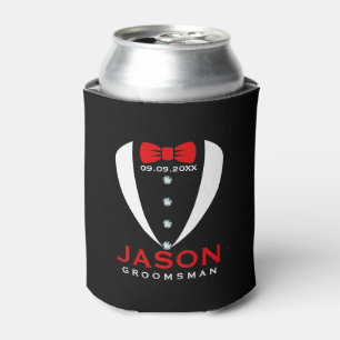 White Tuxedo Red BowTie & Groomsman Text Can Cooler