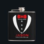 White Tuxedo Red BowTie & Groomsman Text Hip Flask<br><div class="desc">Elegant modern white tuxedo with red tie and black and dark-grey stripes background. Customisable groomsman name.</div>