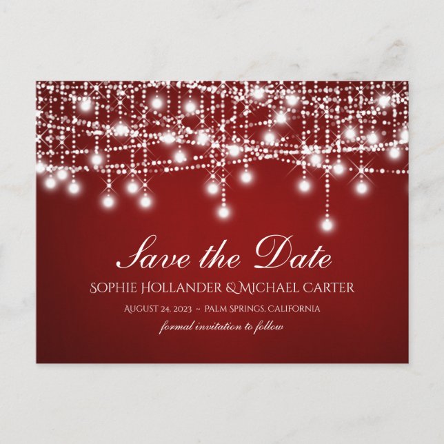 White Twinkle String Lights Red Save the Date Postcard (Front)