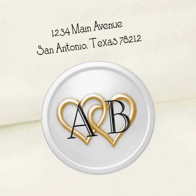 White Two Hearts Black Monogram Wedding Classic Round Sticker (Creator Uploaded)