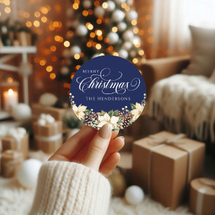 White Typography Christmas Poinsettia blue Classic Round Sticker
