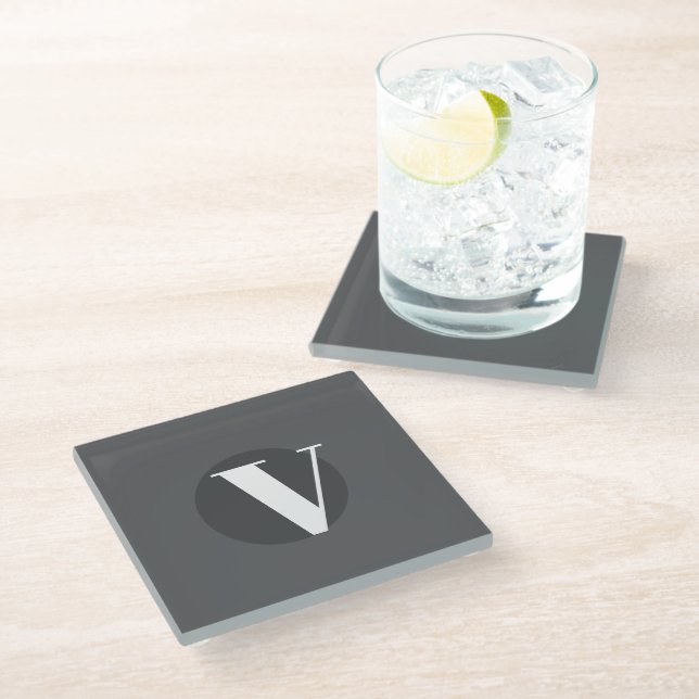 White typography custom initial grey glass coaster (Angled)