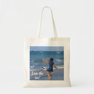 White Typography Love the Blue Sea Photo Tote Bag