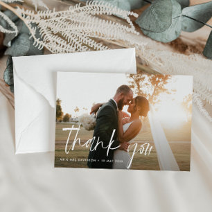 white typography wedding photo thank you card