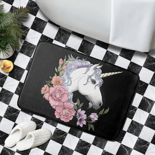 White Unicorn and Flowers Bath Mat