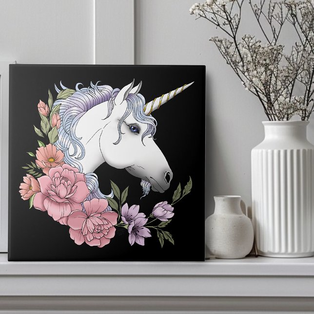 White Unicorn and Flowers Ceramic Tile (Creator Uploaded)