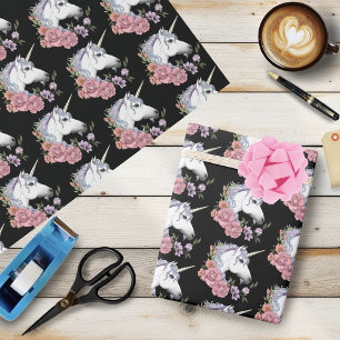 White Unicorn and flowers Wrapping Paper