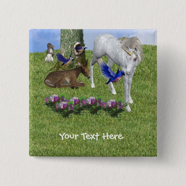 White Unicorn And Forest Friends Fantasy Button (Front)