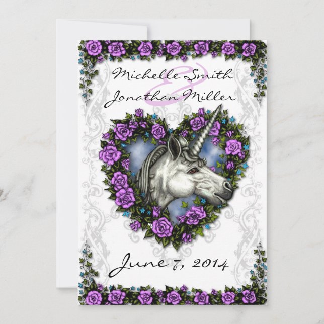 White Unicorn and Purple Rose Heart Invitation (Front)