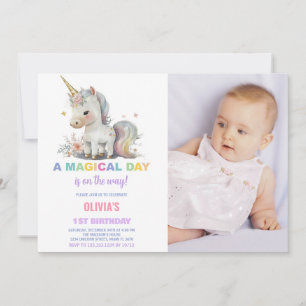 White Unicorn Birthday Invitations with photo