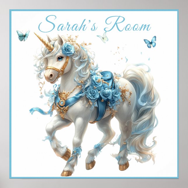 White Unicorn Blue Saddle Roses Butterflies Poster (Front)