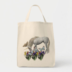 White Unicorn Butterflies Flowers Tote Bag