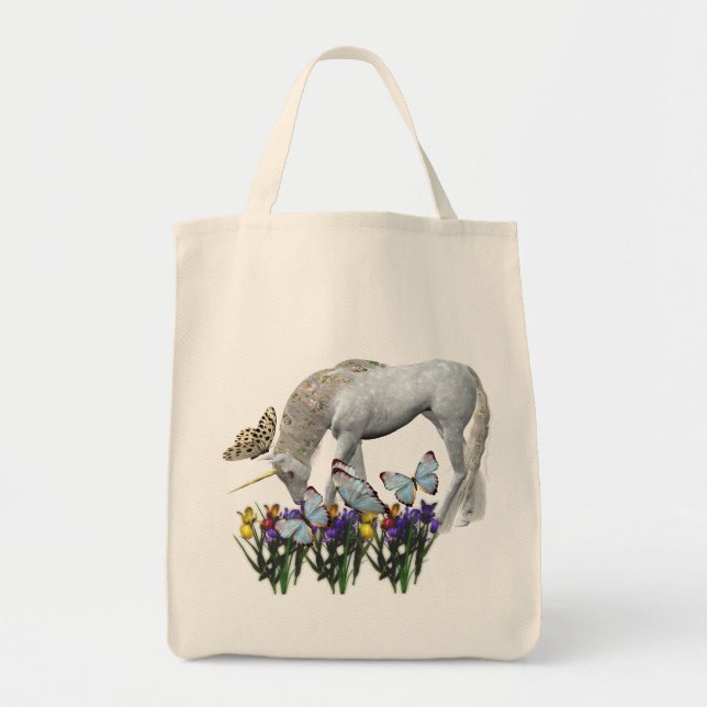 White Unicorn Butterflies Flowers Tote Bag (Front)